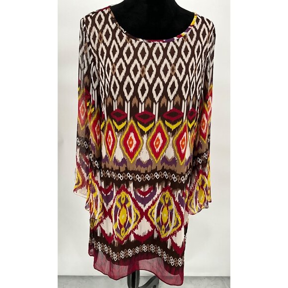 Wrangler Women's Multicolor Ikat Print Dress XL Bell Sleeves Sheer w/ Brown Unde - Picture 1 of 7